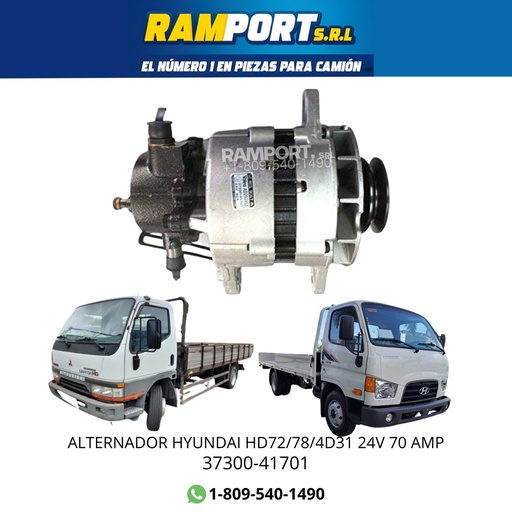 [37300-41701] ALTERNADOR HYUNDAI HD72/78/4D31 24V 70 AMP 